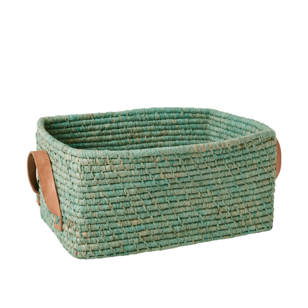 Mint Rectangular Raffia Basket Leather Handles Rice DK